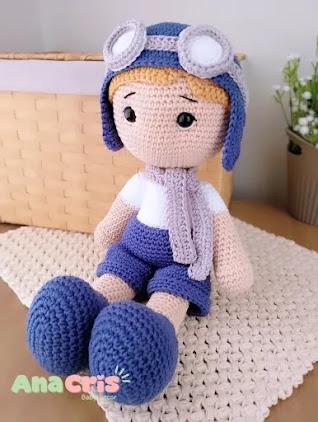 Boneco Aviador de crochê Amigurumi
