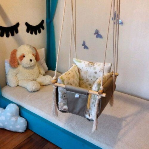 BALANÇO BEBE INFANTIL TECIDO E MADEIRA ALMOFADAS EXTRAS