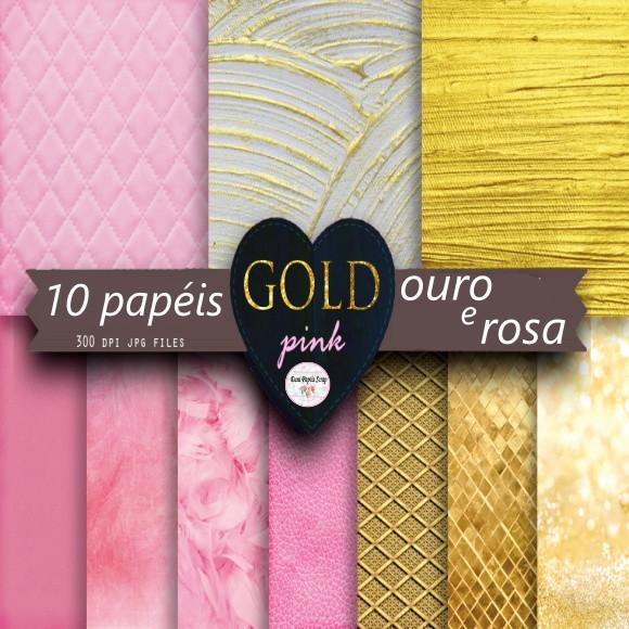 10 Papéis Digitais Ouro e Rosa