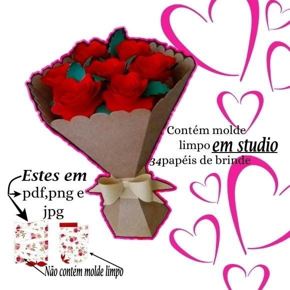 Arquivo de Corte Caixa Buque de Rosas e 34 Papéis PDF,PNG