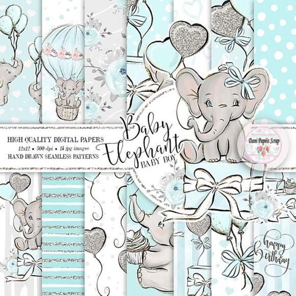 Kit 14 papéis Digitais Scrap Elefante Azul Menino