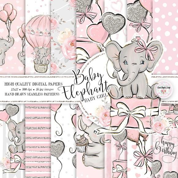 Kit 14 papéis Digitais Scrap Elefante Rosa Menina