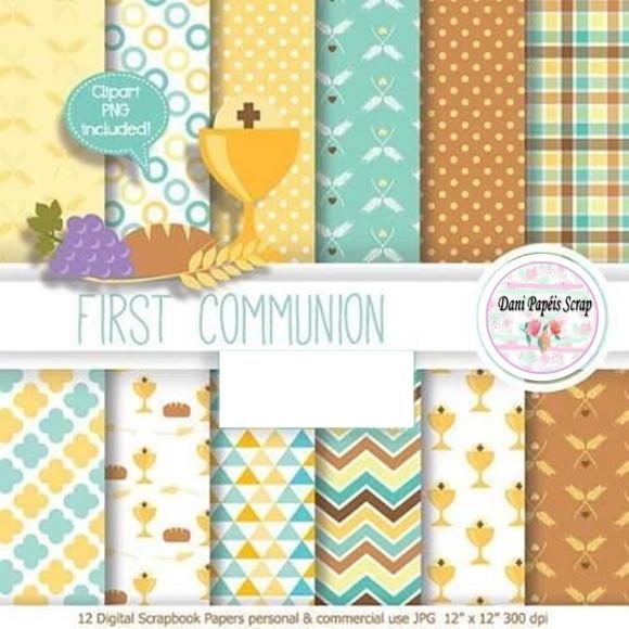 KIT Digital 12 papéis Scrap Digital Primeira Comunhão Menino