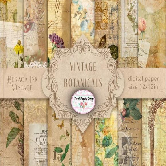 Kit Digital 14 Papéis Vintage Botanico