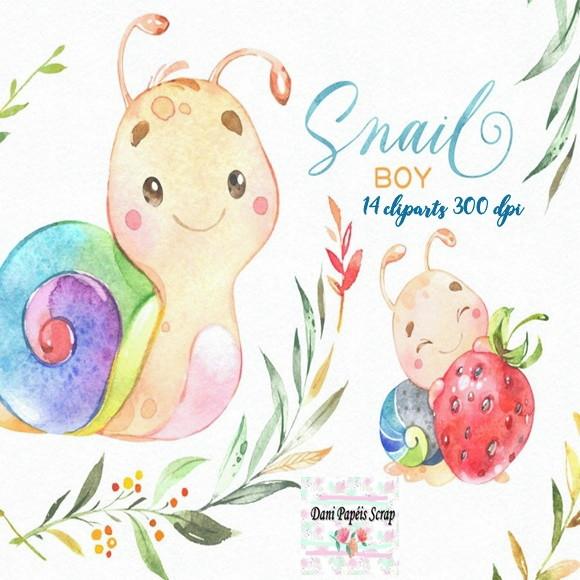 Kit Digital Aquarela Caracol Menino