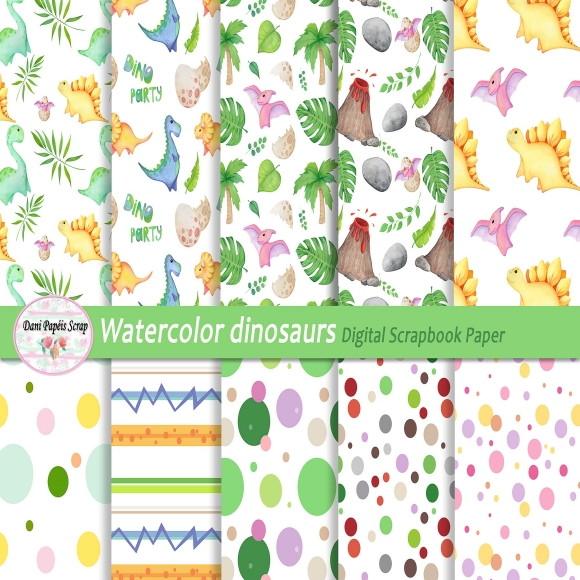 Kit Digital Aquarela Dinossauros Papéis