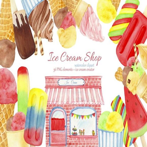 Kit Digital aquarela Ice Cream Shop