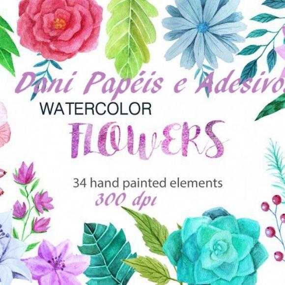 Kit Digital Flowers Aquarela