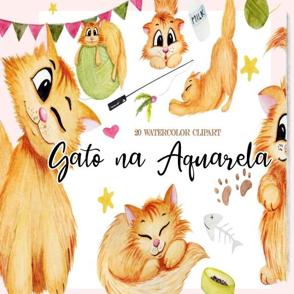 Kit Digital Gato na Aquarela 20 Cliparts