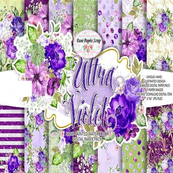 Kit Digital Papel Aquarela Violeta 15 Papéis