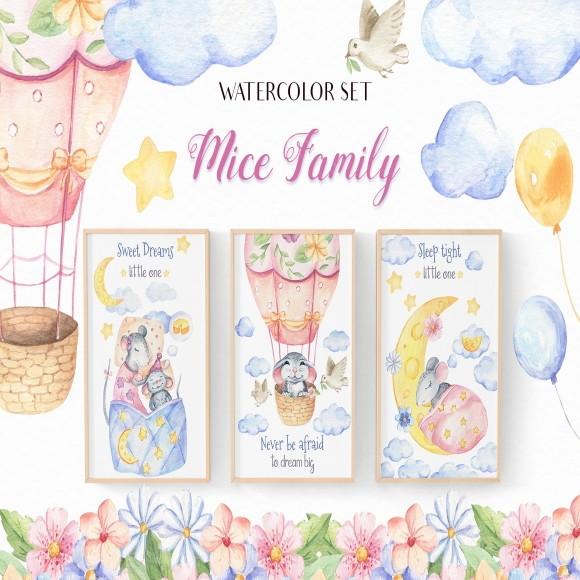 Kit Digital Papel e Cliparts Aquarela Mice Family
