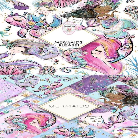 Kit Digital Papel e Sereias Rosa e Dourado