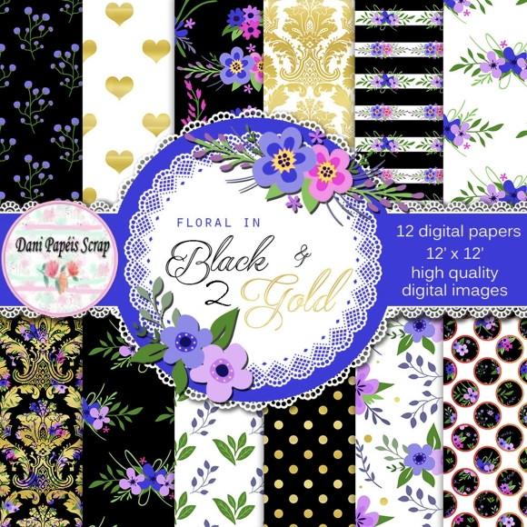 Kit Digital Papel Floral In Black And Gold