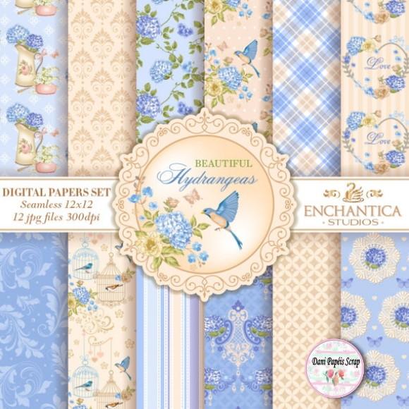 Kit Digital Papel Flores Hortência