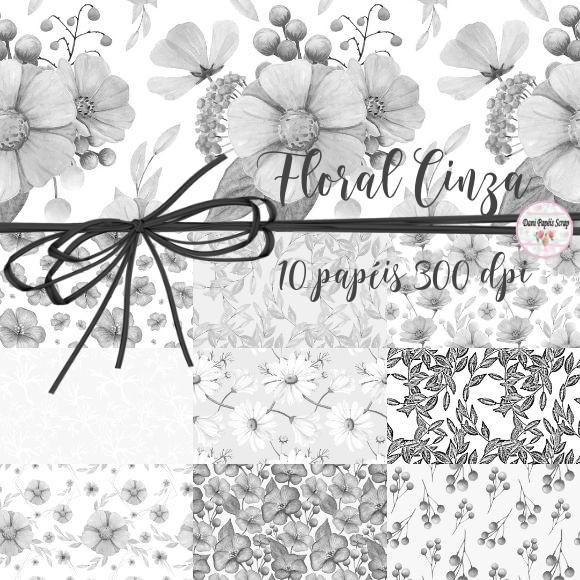 Kit Digital Papel Floral Cinza