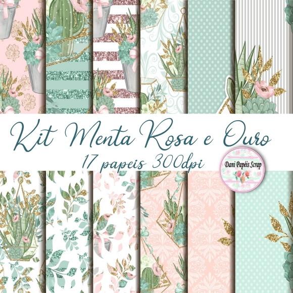 Kit Digital Papel Menta Rosa e Ouro