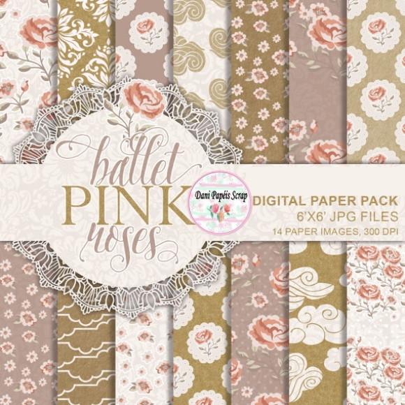 Kit Digital Papel Rosas Balé 14 Papéis