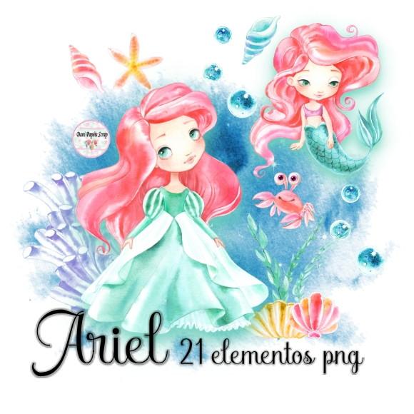 Kit Digital Princesas Ariel Pequena Sereia Aquarela 21 Png
