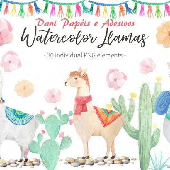 Kit Digital Scrapbook aquarela lhamas