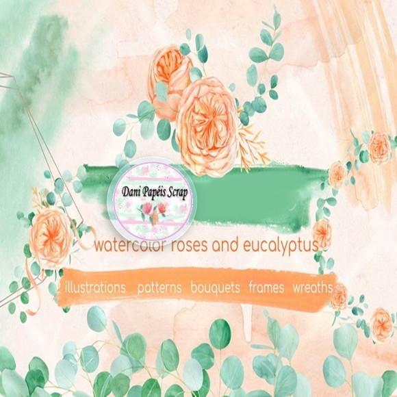 Kit Digital Scrapbook Rosas e Eucalipto Aquarela
