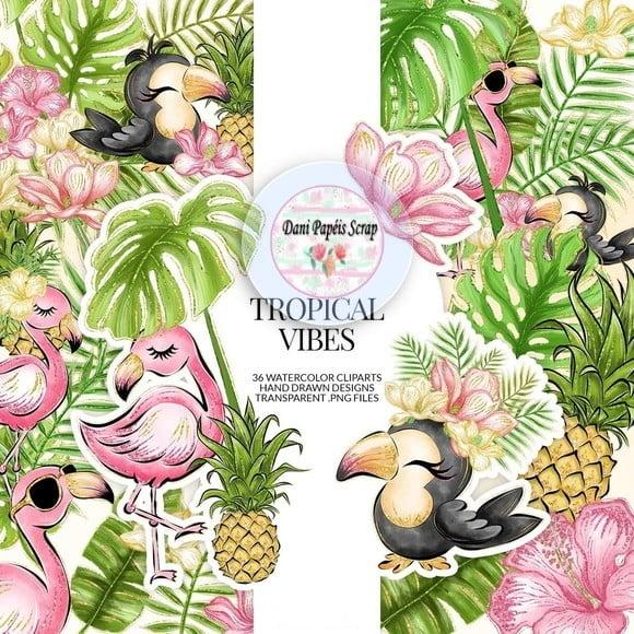KIT PAPEL CLIPART TROPICAL FLAMINGO E TUCANO