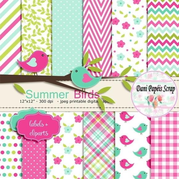 Kit Papel Digital e Cliparts Scrap Summer Birds