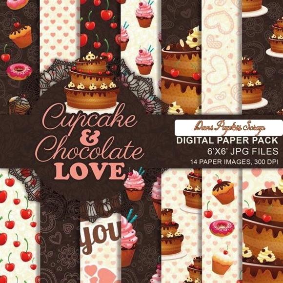 KIT PAPEL DIGITAL SCRAP CUPCAKE CHOCOLATE LOVE FROU