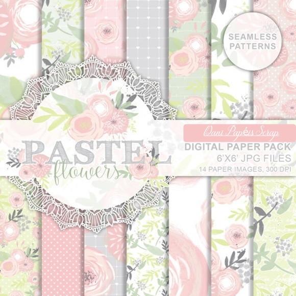 KIT PAPEL DIGITAL SCRAP FLORES PASTEL FROU
