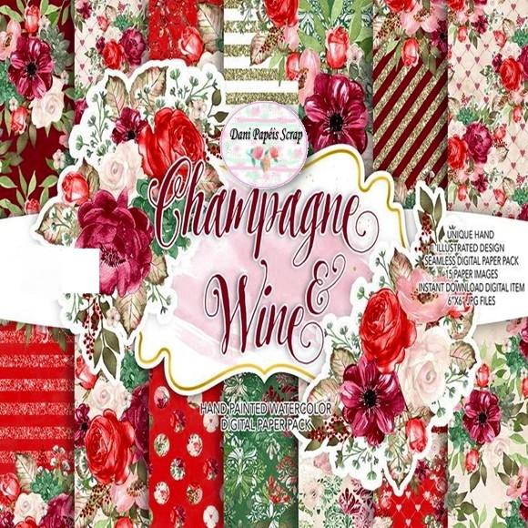 Papel Digital Aquarela Champagne e Vinho 16 papéis scrapbook
