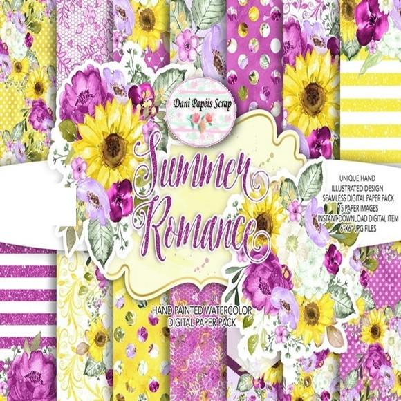Papel Digital Scrap Luxo Girassol 15 Papéis Amarelo e Rosa
