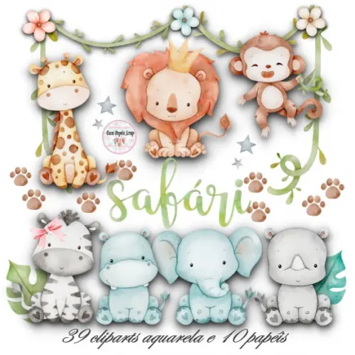 2 Kit Dig Papel Safari Aquarela 70 Elementos