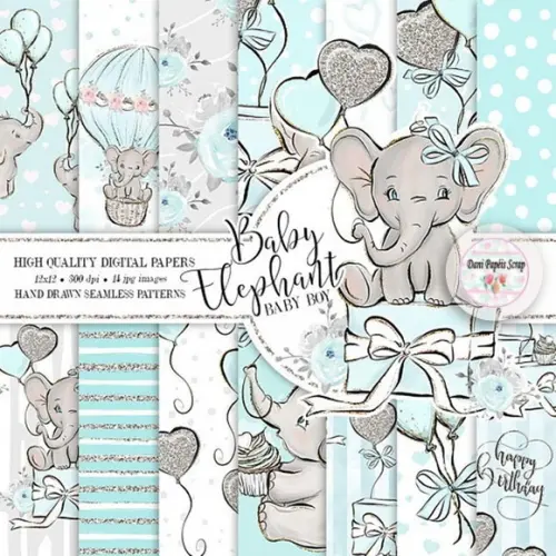 Kit 14 papéis Digitais Scrap Elefante Azul Menino