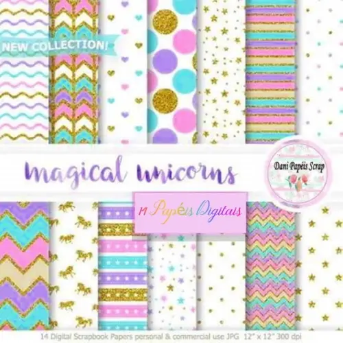 kit 14 papéis Digitais Scrap Unicorn Gold Glitter