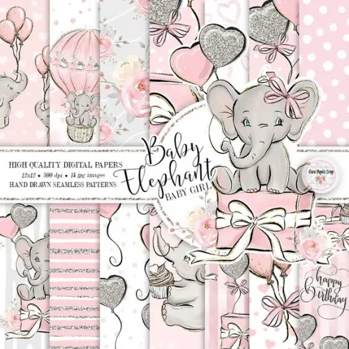 Kit 14 papéis Digitais Scrap Elefante Rosa Menina