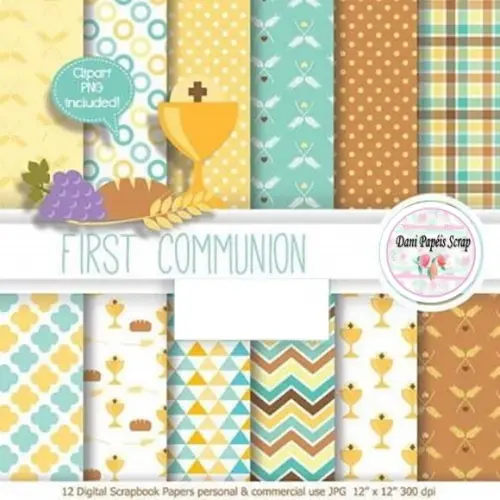 KIT Digital 12 papéis Scrap Digital Primeira Comunhão Menino