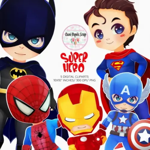 Kit Digital 5 Super Heróis Cliparts 300dpi