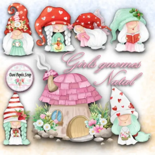 Kit Digital Aquarela Girls Gnomes Natal