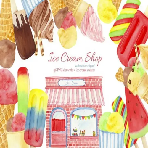 Kit Digital aquarela Ice Cream Shop