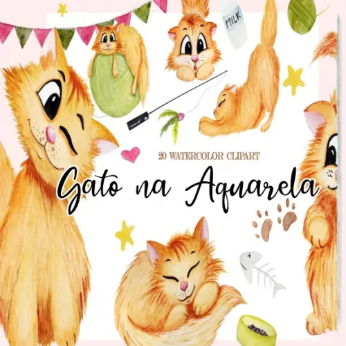 Kit Digital Gato na Aquarela 20 Cliparts