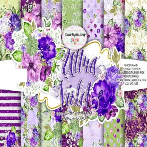 Kit Digital Papel Aquarela Violeta 15 Papéis