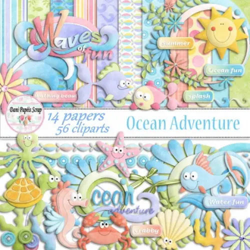 Kit Digital Papel Clipart Aventura no Oceano