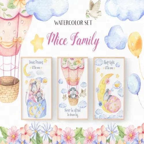 Kit Digital Papel e Cliparts Aquarela Mice Family