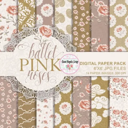 Kit Digital Papel Rosas Balé 14 Papéis