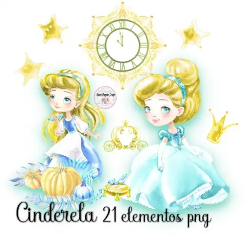 Kit Digital Princesa Cinderela Aquarela 21 Elementos Png