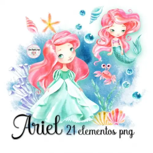 Kit Digital Princesas Ariel Pequena Sereia Aquarela 21 Png