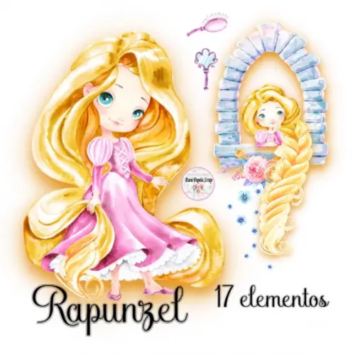 Kit Digital Princesas Rapunzel Aquarela 17 Elementos