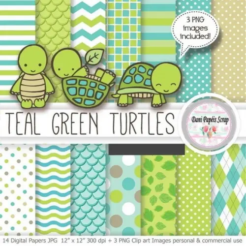 Kit Digital Scrap 14 papéis e 3 Cliparts Tartarugas Meninos