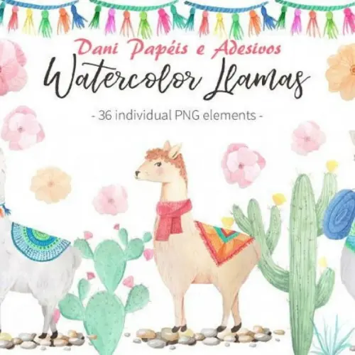 Kit Digital Scrapbook aquarela lhamas