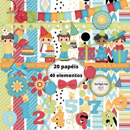 Kit Papéis Scrap Digital Aniversário Menino