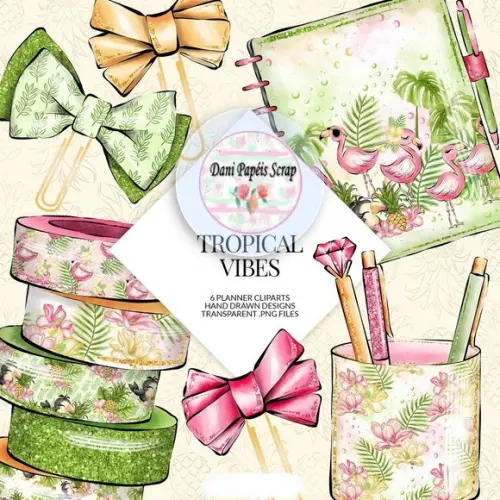 KIT PAPEL CLIPART TROPICAL FLAMINGO E TUCANO